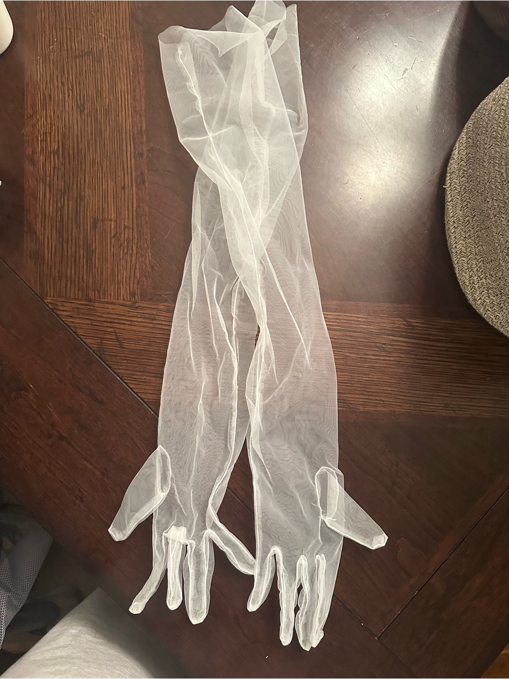 Amazon Sheer White Long Mesh Gloves - Elegant Costume Accessory